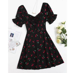 SHEIN Drawstring Ruched Bust Puff Sleeve Cherry Print Dress in XL (12)